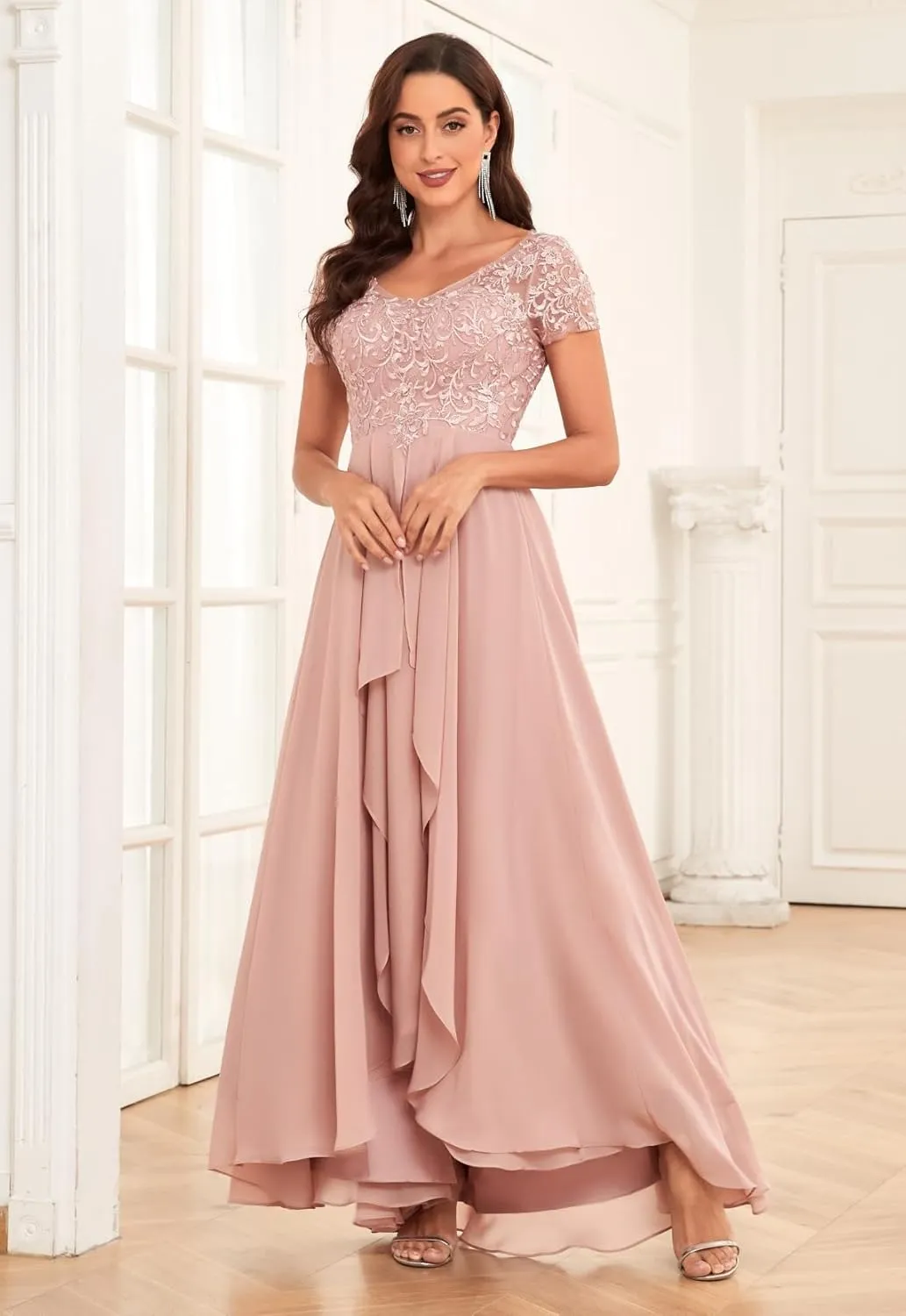 Tea Length Lace Applique Mother of The Bride Dresses for Wedding Pleated Formal Evening Gowns with Sleeves