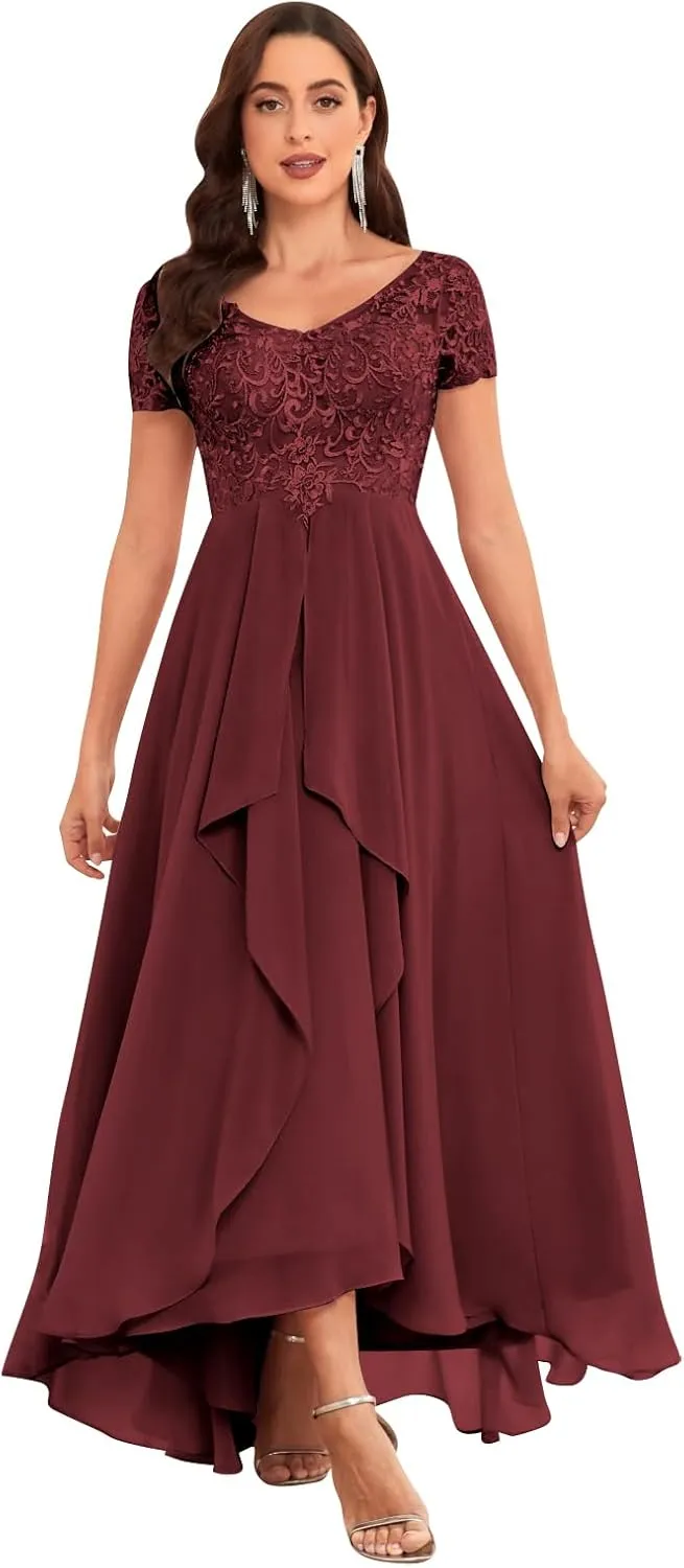 Tea Length Lace Applique Mother of The Bride Dresses for Wedding Pleated Formal Evening Gowns with Sleeves