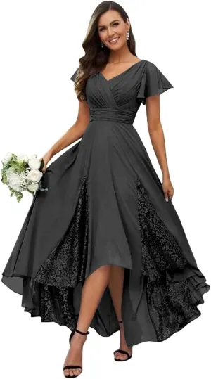 Tea Length Mother of The Bride Dresses for Wedding Lace Appliques Chiffon Ruffle Sleeves Long Bridesmaid Dress