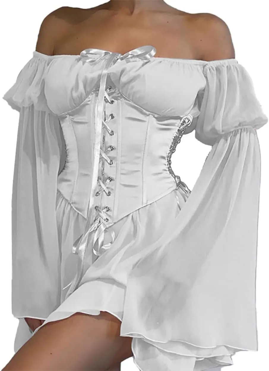TSMNZMU Womens Two Piece Sets Corset Dress Off Shoulder Bell Sleeve Chiffon Dresses Lace-Up Mini Bustier Party Dress