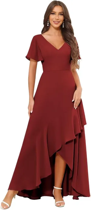 V Neck Chiffon Bridesmaid Dresses with Sleeves for Women Ruffle High Low Formal Wedding Guest Dress