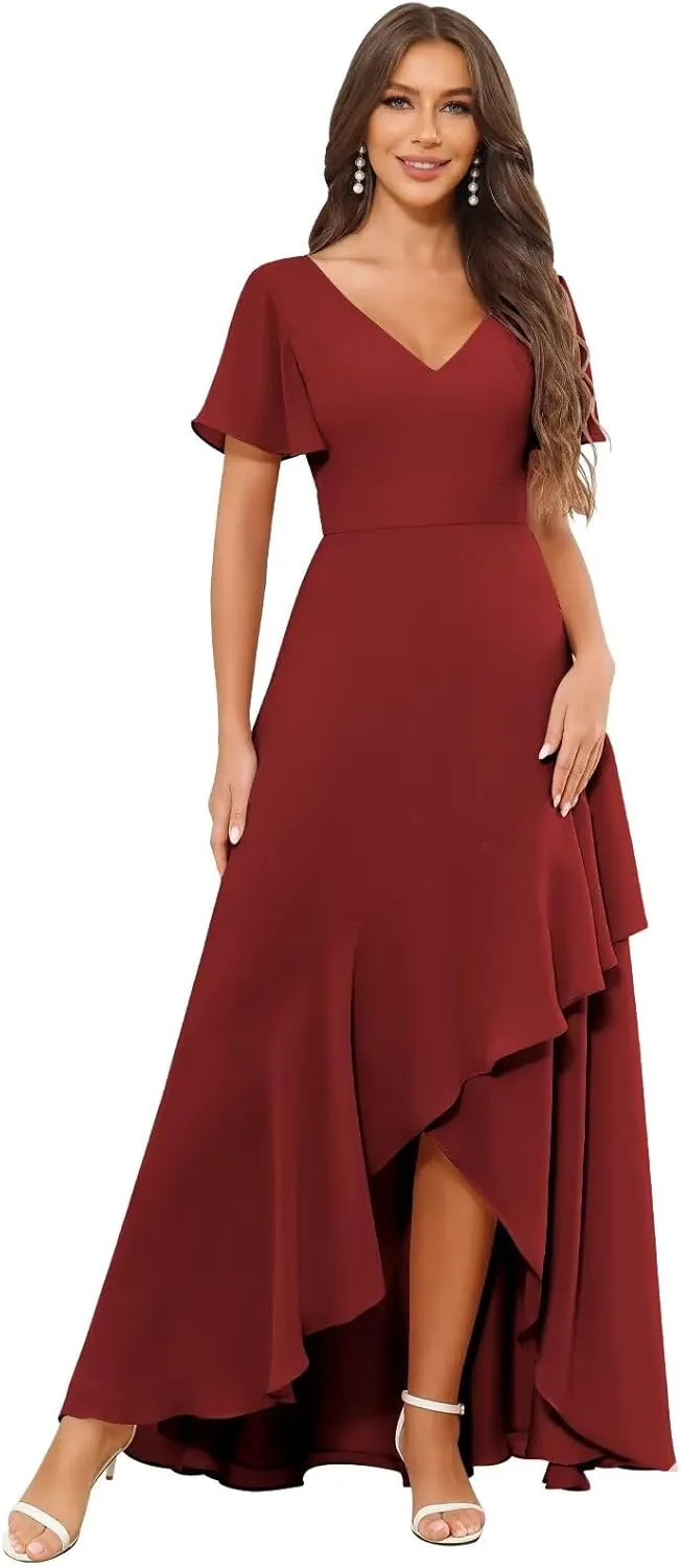 V Neck Chiffon Bridesmaid Dresses with Sleeves for Women Ruffle High Low Formal Wedding Guest Dress