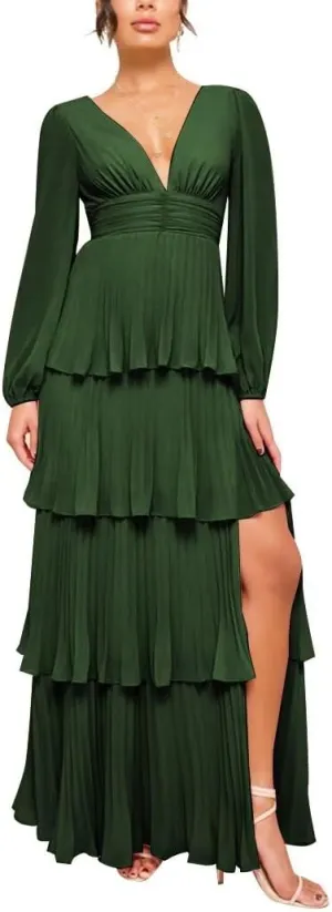 V Neck Long Sleeve Bridesmaid Dresses Ruffle Tiered Chiffon Formal Evening Dress with Slit