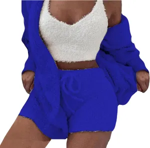 Vakkest Women's Sexy 3 Piece Pajamas Outfit Fuzzy Fleece Warm Sherpa Coat Jacket Outwear Spaghetti Strap Crop Top Shorts Set