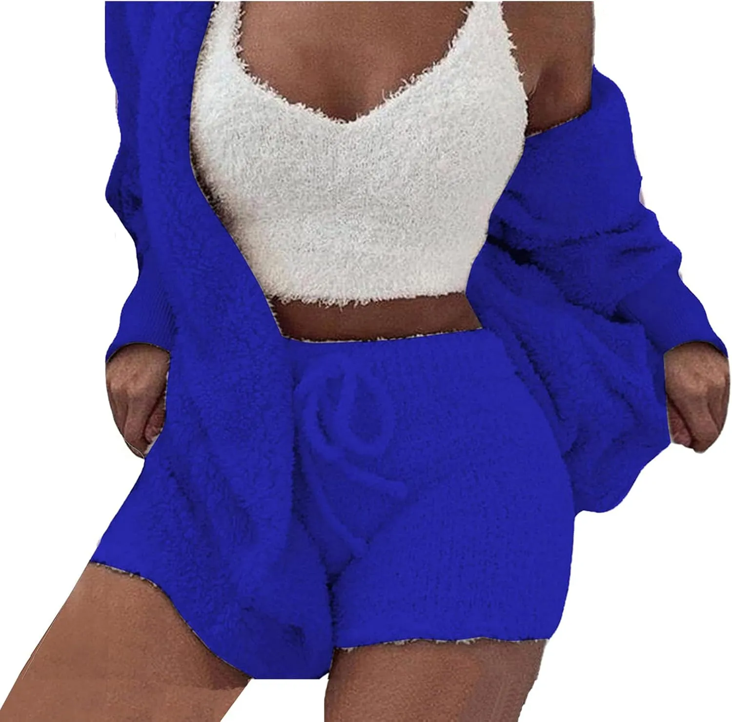 Vakkest Women's Sexy 3 Piece Pajamas Outfit Fuzzy Fleece Warm Sherpa Coat Jacket Outwear Spaghetti Strap Crop Top Shorts Set