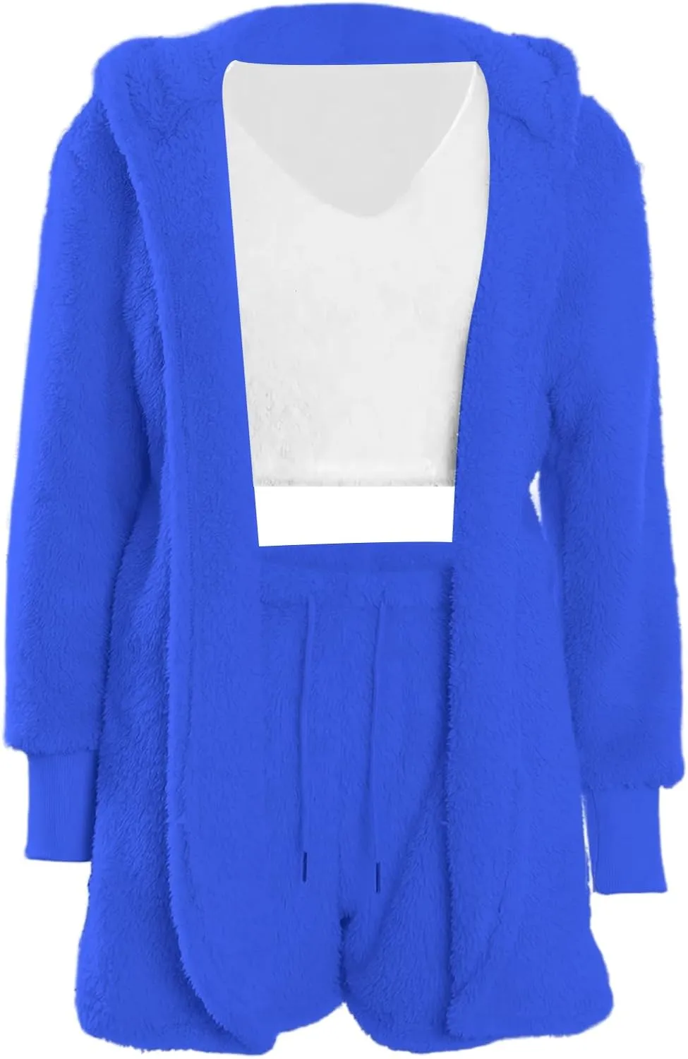 Vakkest Women's Sexy 3 Piece Pajamas Outfit Fuzzy Fleece Warm Sherpa Coat Jacket Outwear Spaghetti Strap Crop Top Shorts Set