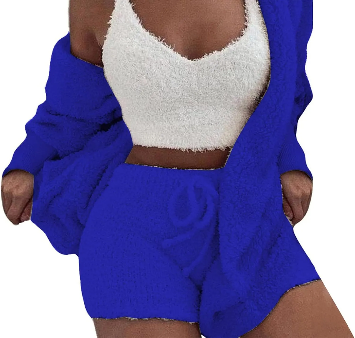 Vakkest Women's Sexy 3 Piece Pajamas Outfit Fuzzy Fleece Warm Sherpa Coat Jacket Outwear Spaghetti Strap Crop Top Shorts Set