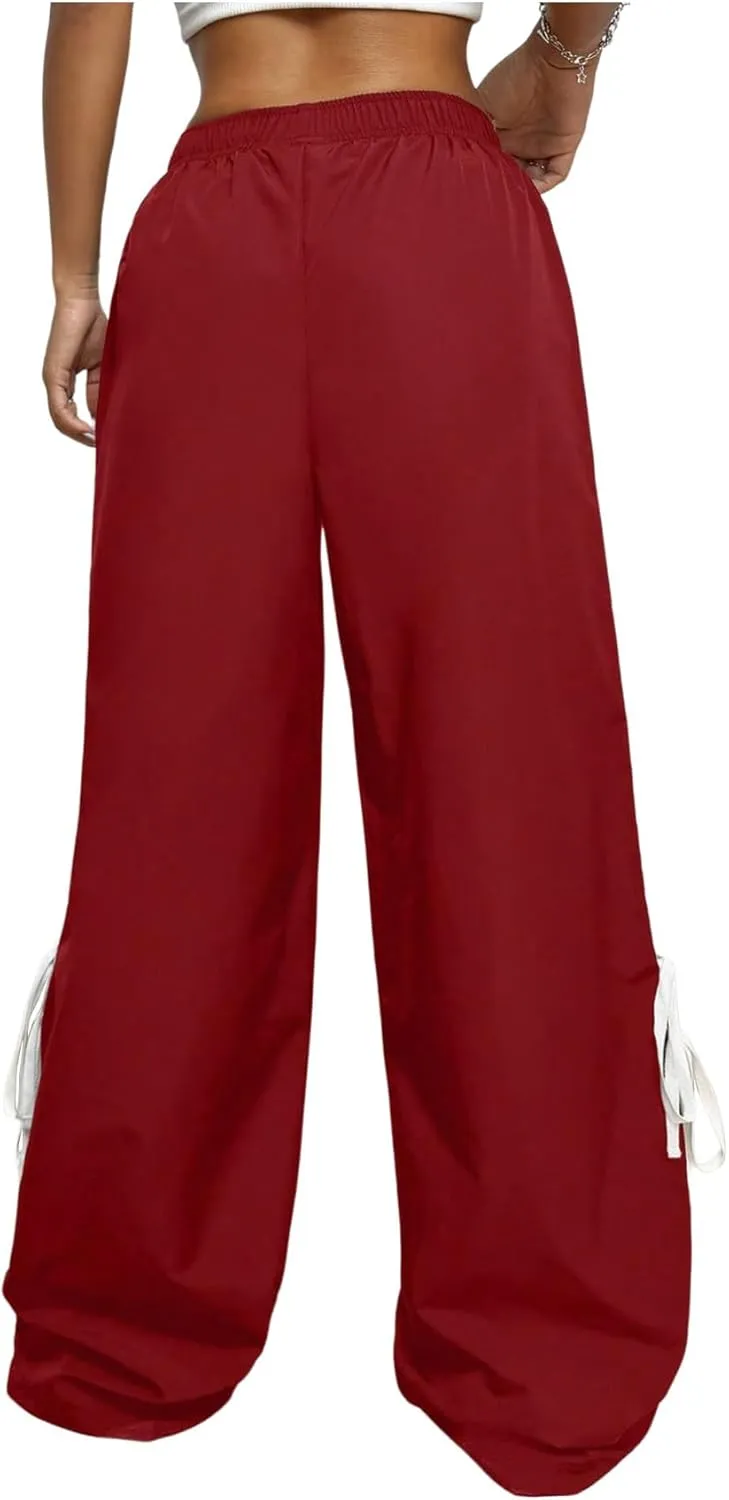 Verdusa Women's Loose Wide Leg Pants Tie Side Striped Elastic Waist Trousers