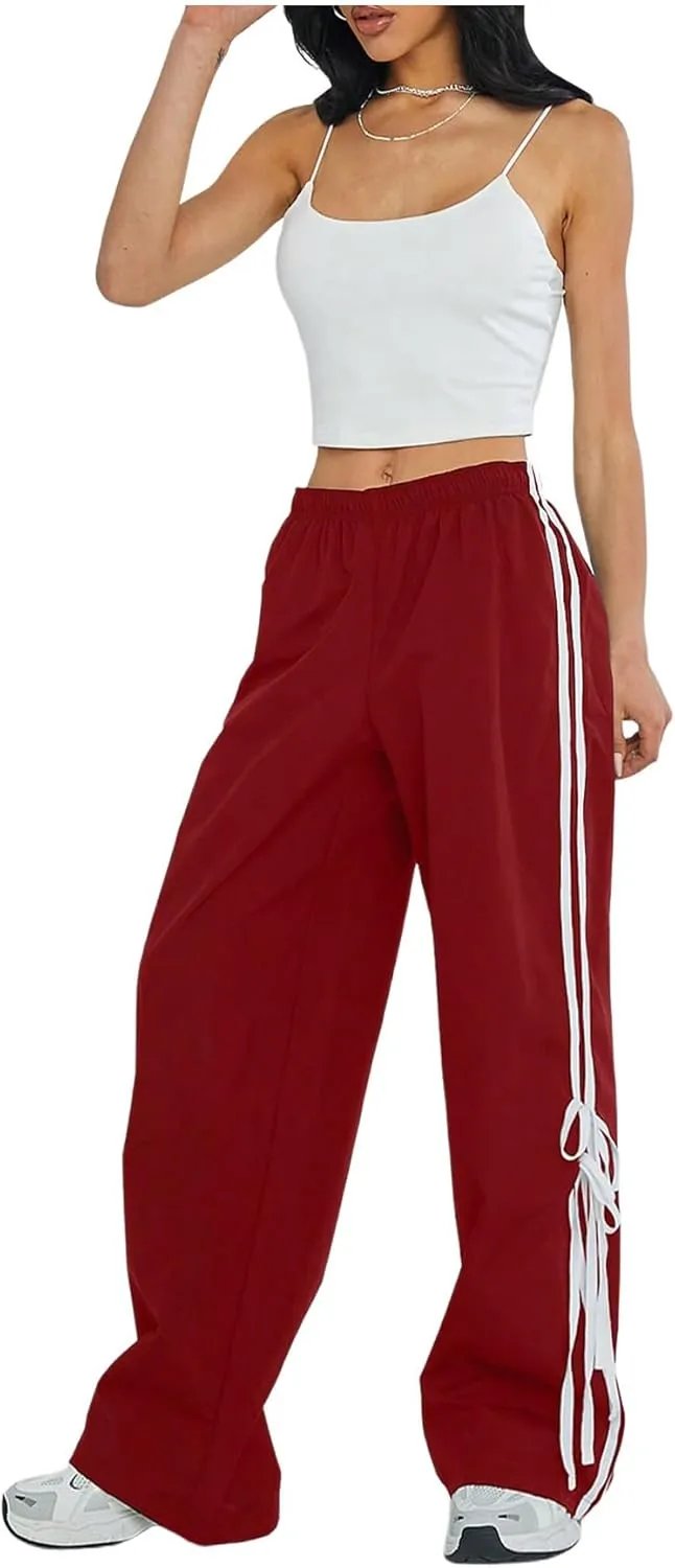 Verdusa Women's Loose Wide Leg Pants Tie Side Striped Elastic Waist Trousers