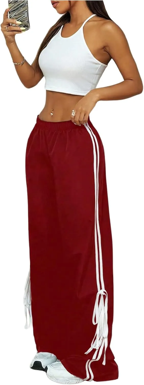 Verdusa Women's Loose Wide Leg Pants Tie Side Striped Elastic Waist Trousers