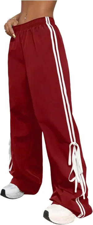 Verdusa Women's Loose Wide Leg Pants Tie Side Striped Elastic Waist Trousers
