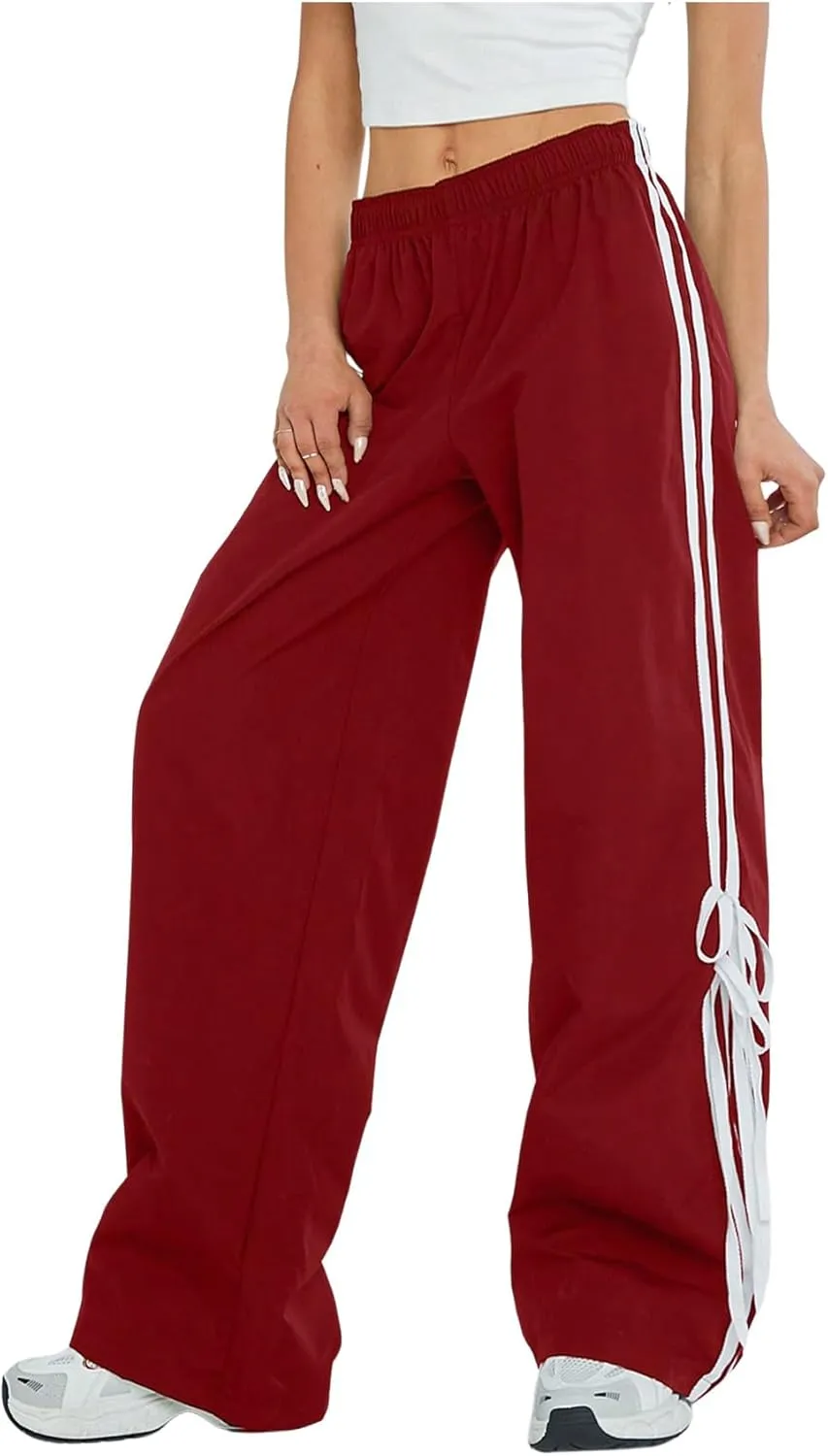 Verdusa Women's Loose Wide Leg Pants Tie Side Striped Elastic Waist Trousers