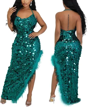 VJJ AIDEAR Women's Spaghetti Straps V Neck Sparkly Glitter Ruched Backless Formal Evening Gowns with Slit