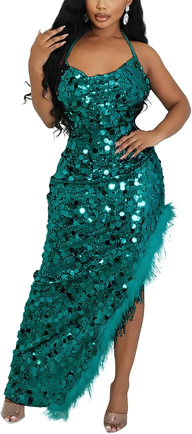 VJJ AIDEAR Women's Spaghetti Straps V Neck Sparkly Glitter Ruched Backless Formal Evening Gowns with Slit