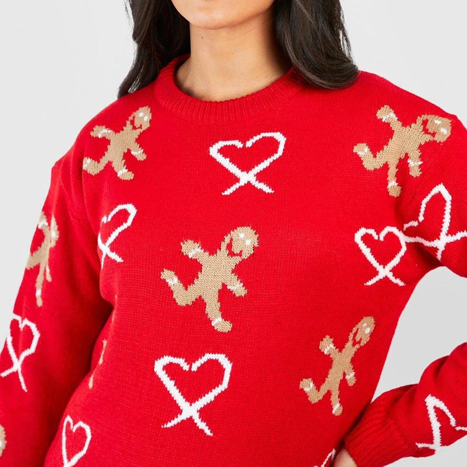 Wenkouban-Christmas Thanksgiving outfits_Christmas Gingerbread Print Long Sleeve Round Neck Casual Loose Christmas Sweater