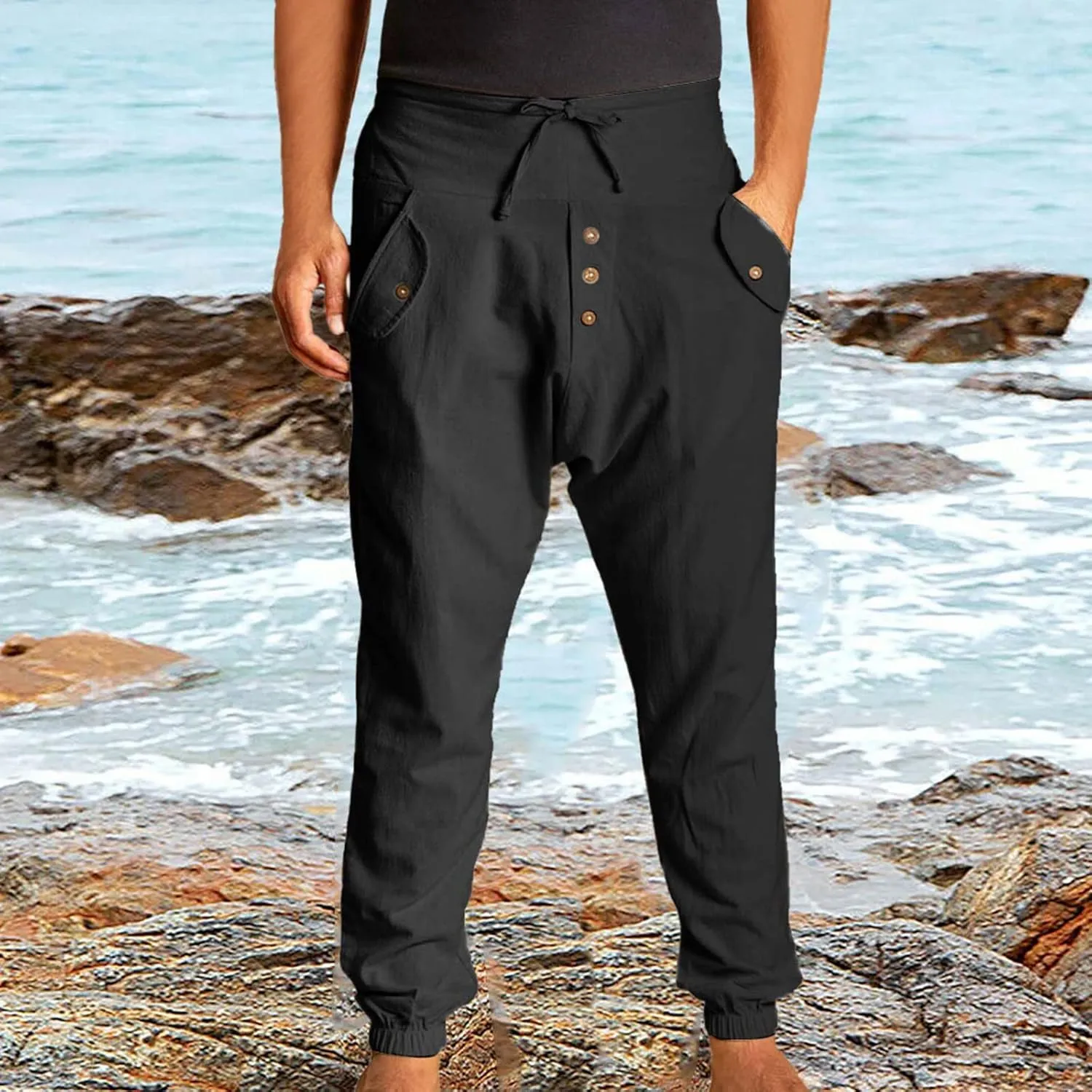 White Linen Pants Drawstring Elastic Waist Skinny-Fit Solid Loose Trousers Fashion Casual Double Pockets Pants