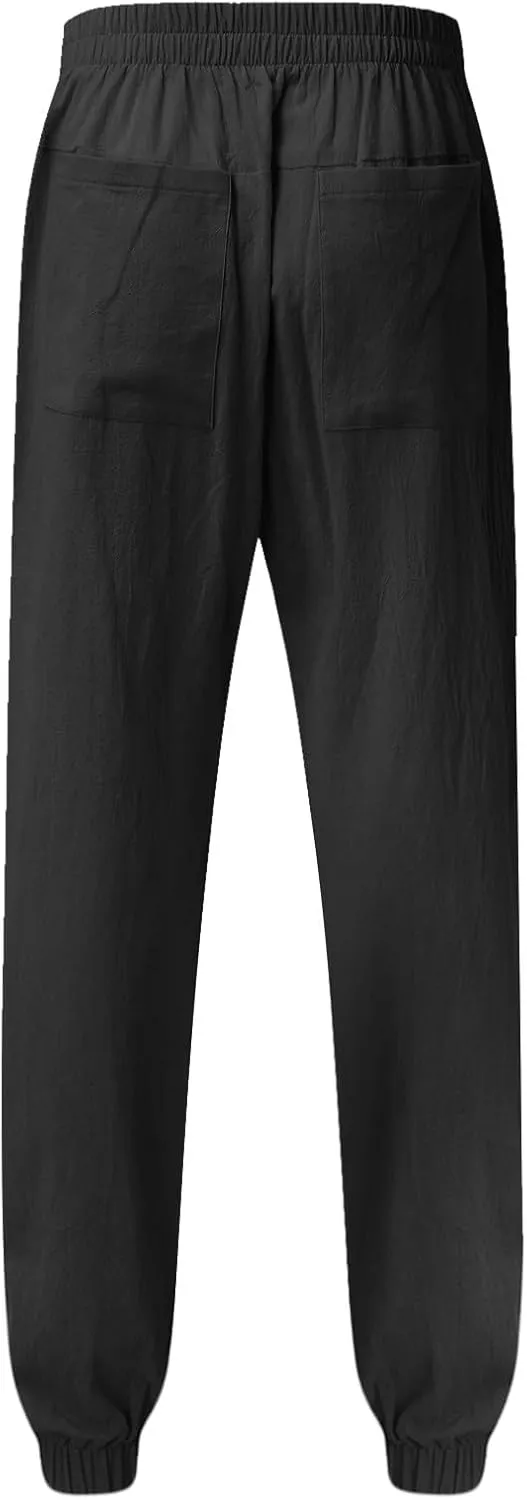 White Linen Pants Drawstring Elastic Waist Skinny-Fit Solid Loose Trousers Fashion Casual Double Pockets Pants