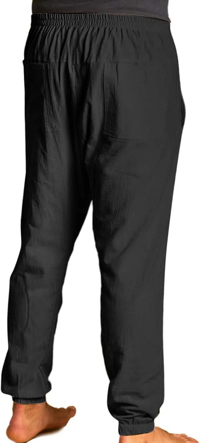 White Linen Pants Drawstring Elastic Waist Skinny-Fit Solid Loose Trousers Fashion Casual Double Pockets Pants