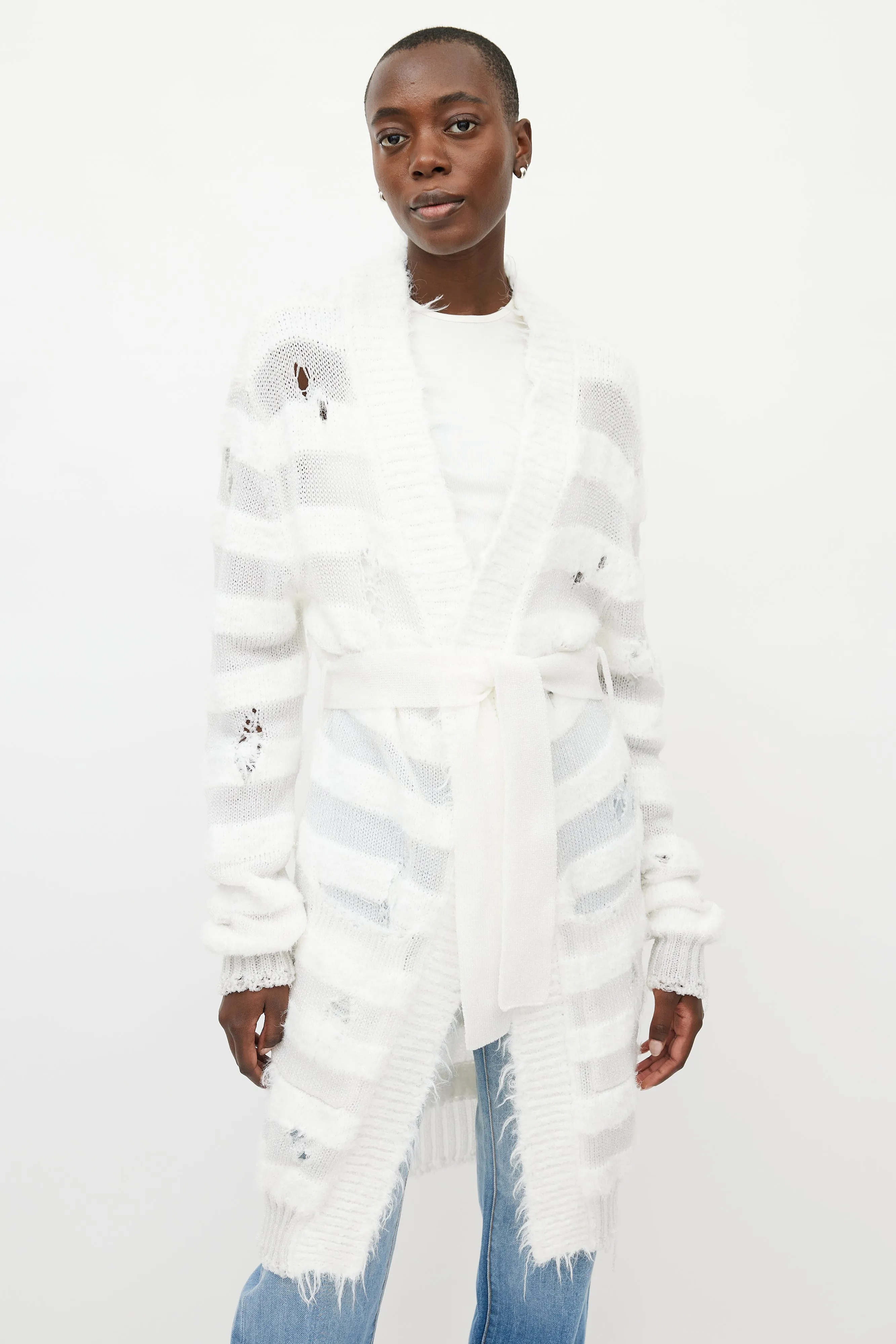 White Metallic Distressed Knit Cardigan