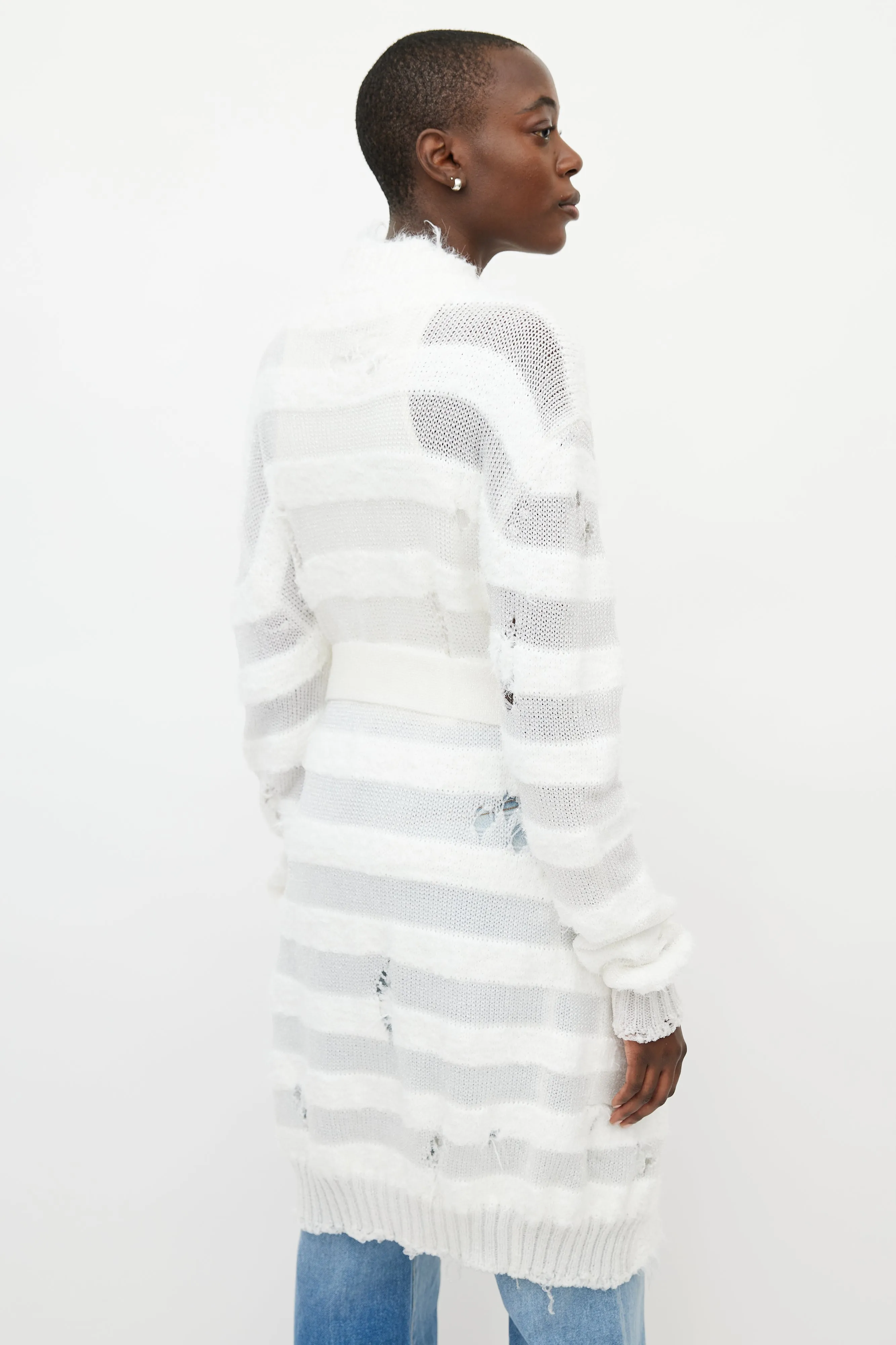 White Metallic Distressed Knit Cardigan