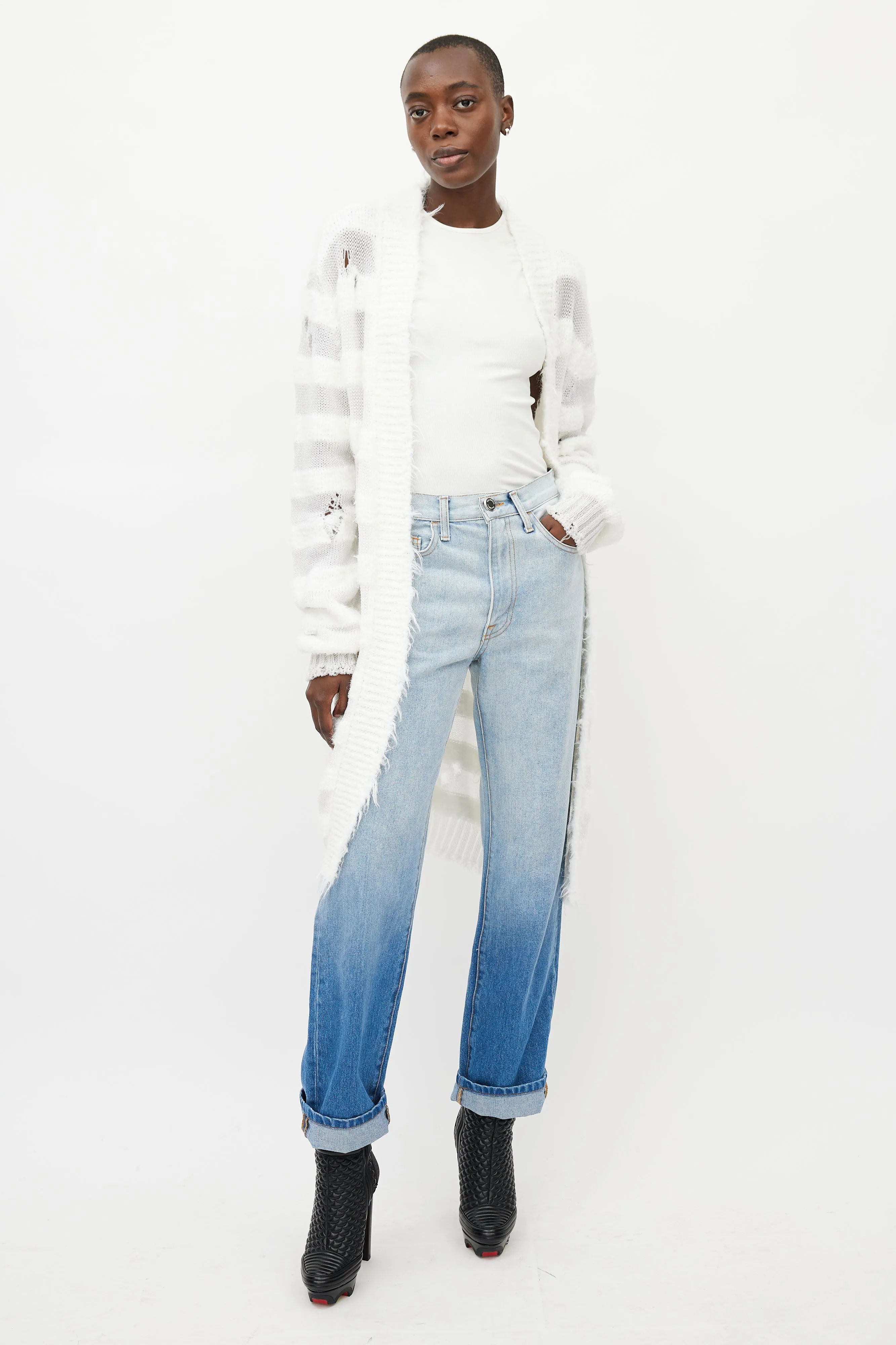 White Metallic Distressed Knit Cardigan