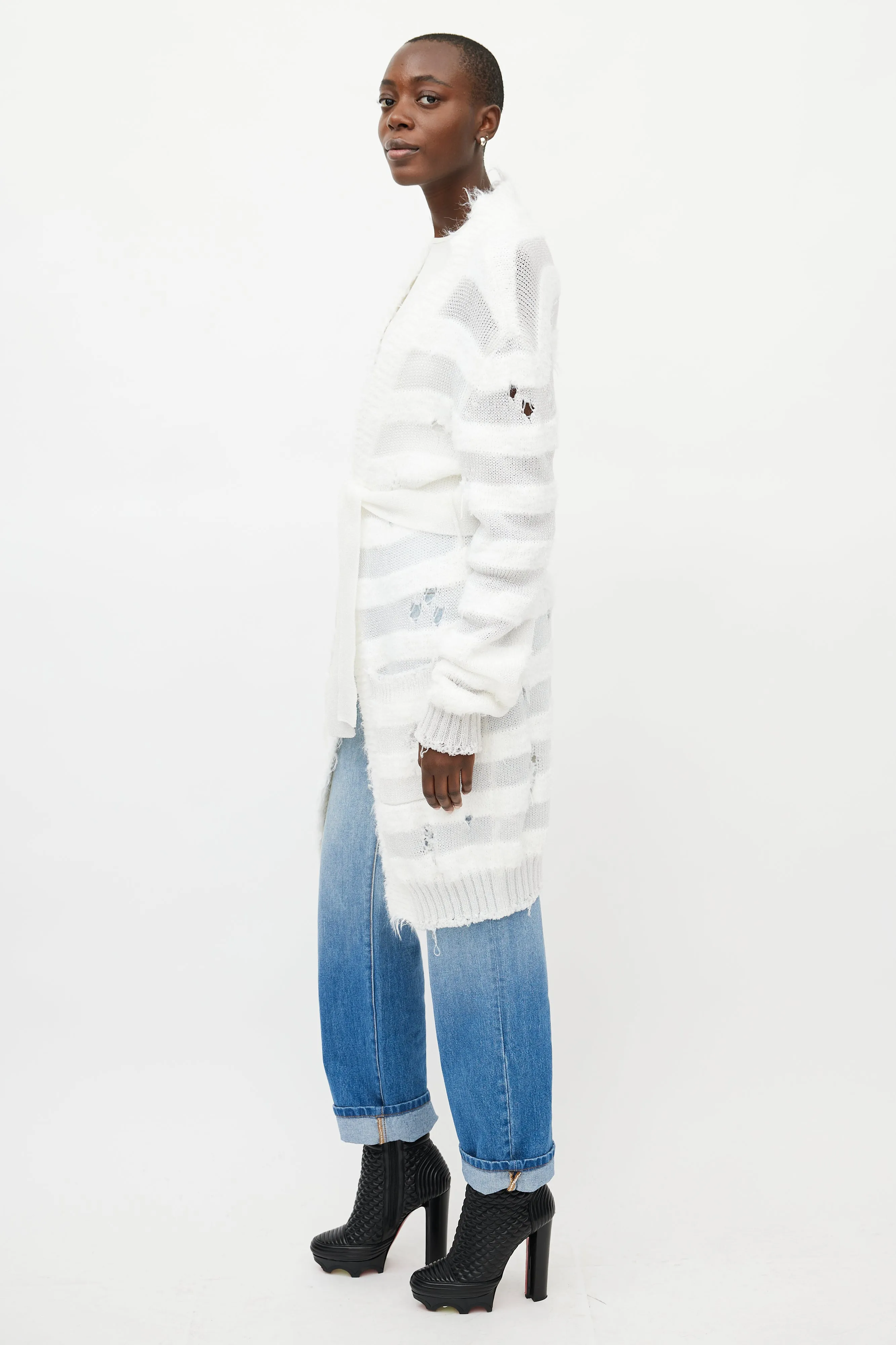 White Metallic Distressed Knit Cardigan