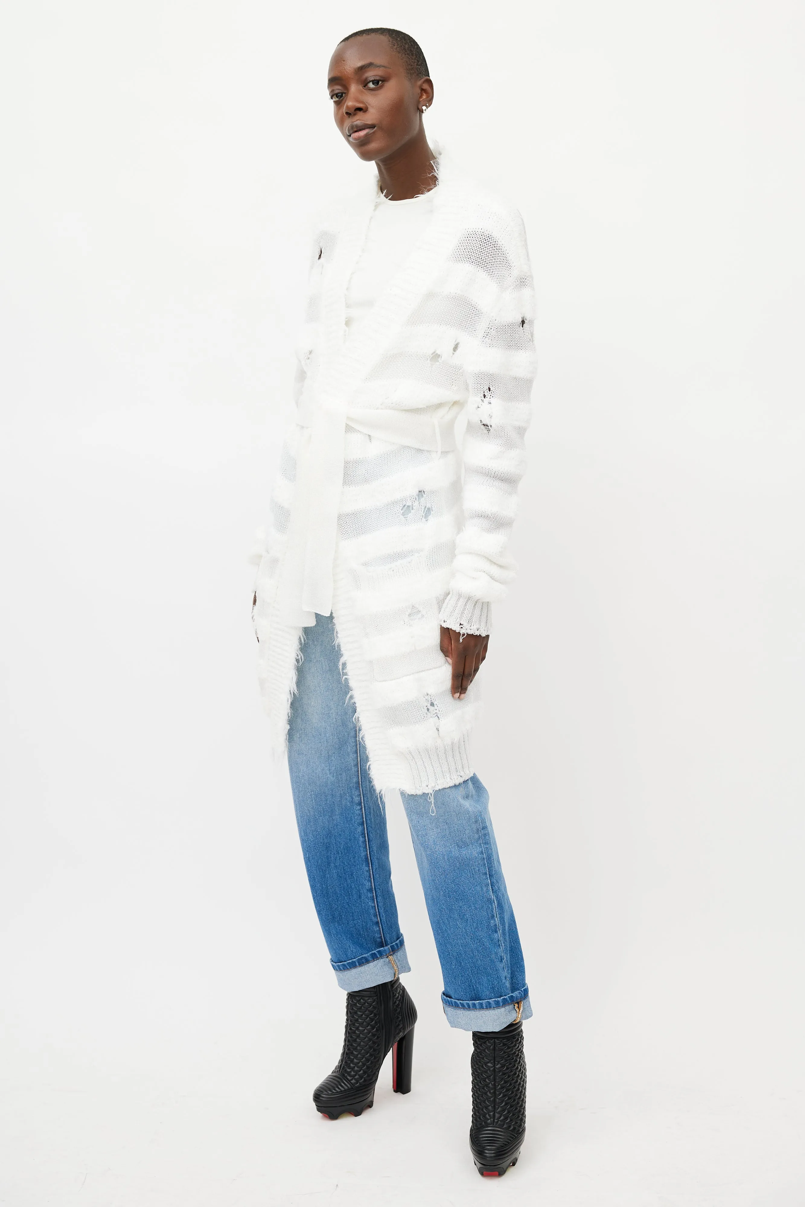 White Metallic Distressed Knit Cardigan