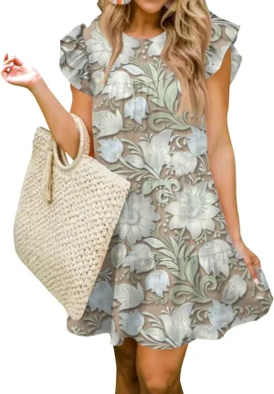 Women Babydoll Summer Casual Crew Neck Ruffle Sleeve Sleeveless Flowy Mini Short Tunic Dress Floral Print Pleated Dress4-White,X-Large