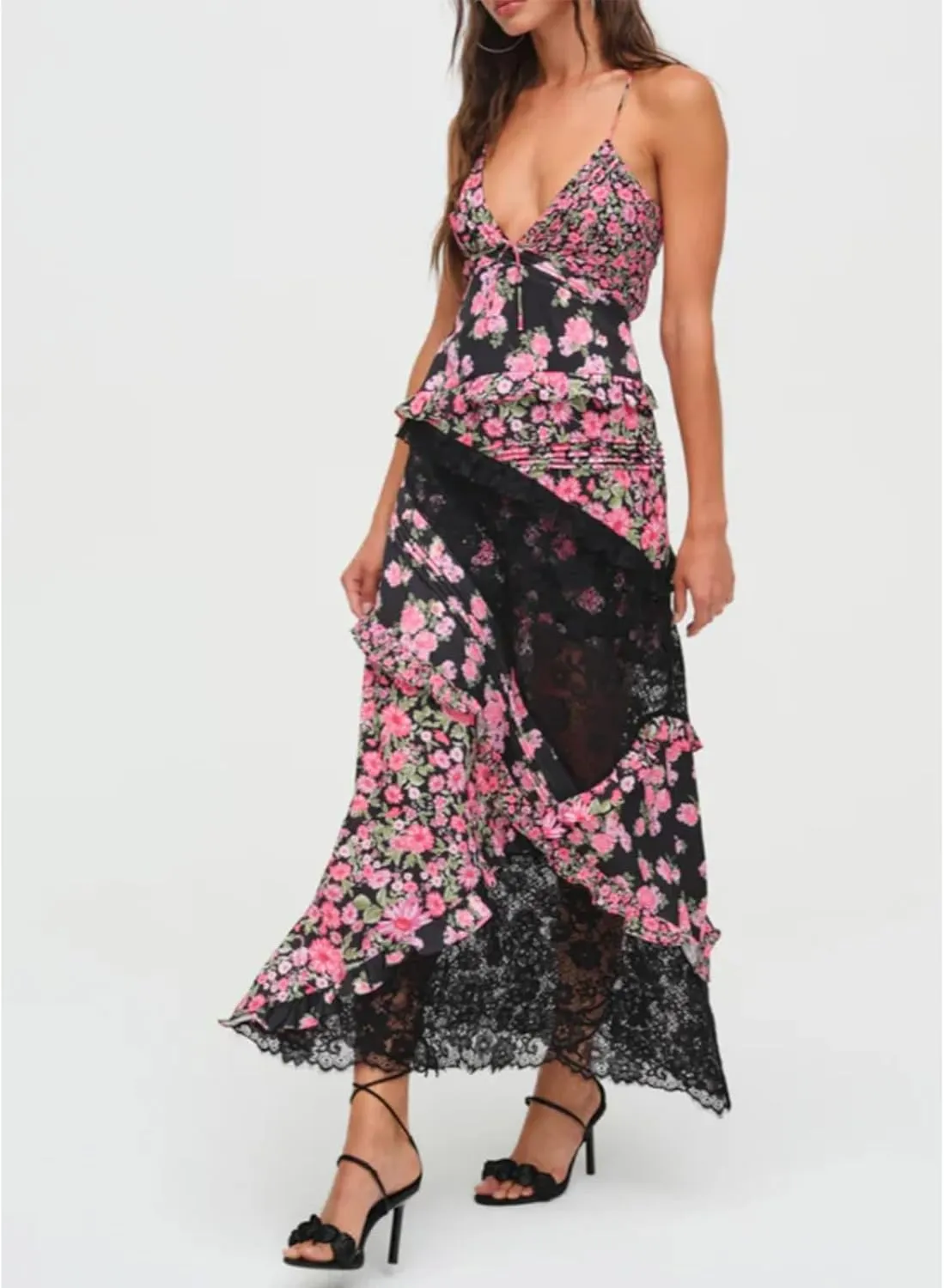 Women Lace Patchwork Mesh Dress Floral Print Sheer Cutout Maxi Dresses V Neck Sexy Bodycon Slip Summer Long Sundress