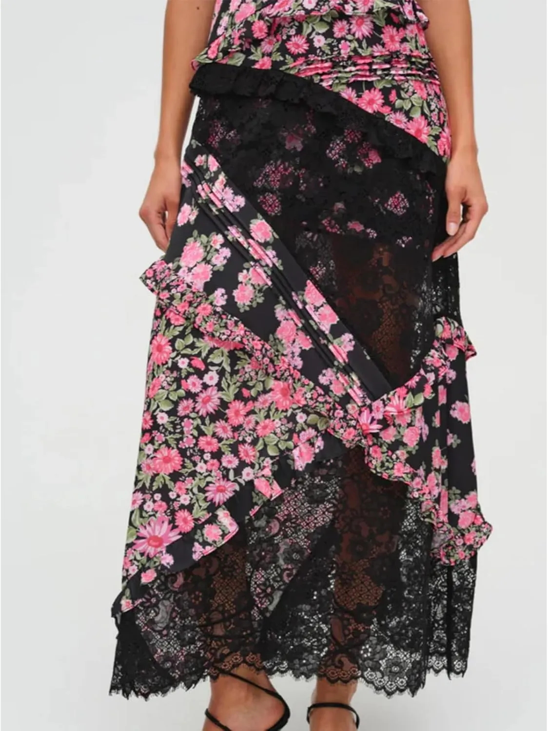 Women Lace Patchwork Mesh Dress Floral Print Sheer Cutout Maxi Dresses V Neck Sexy Bodycon Slip Summer Long Sundress