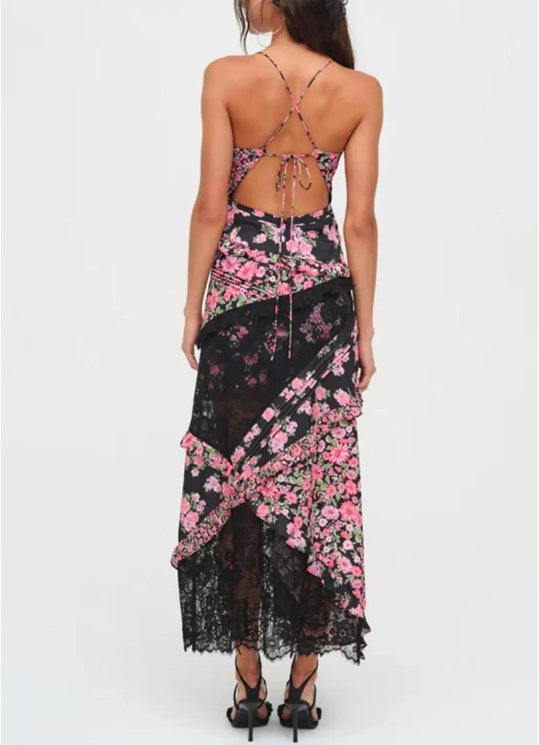 Women Lace Patchwork Mesh Dress Floral Print Sheer Cutout Maxi Dresses V Neck Sexy Bodycon Slip Summer Long Sundress