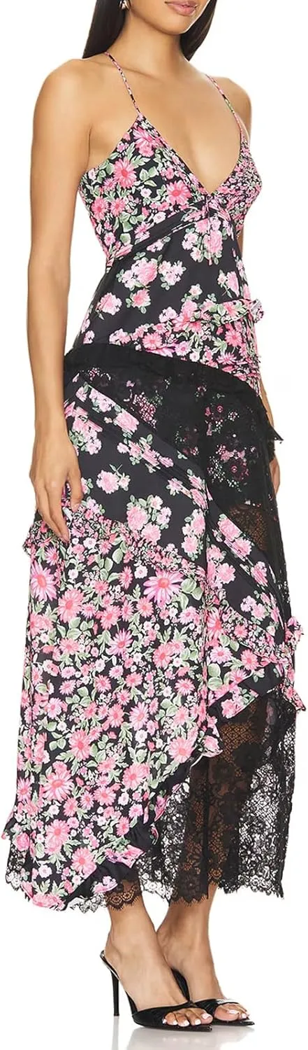 Women Lace Patchwork Mesh Dress Floral Print Sheer Cutout Maxi Dresses V Neck Sexy Bodycon Slip Summer Long Sundress