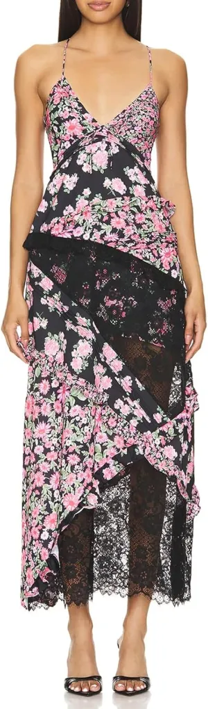 Women Lace Patchwork Mesh Dress Floral Print Sheer Cutout Maxi Dresses V Neck Sexy Bodycon Slip Summer Long Sundress