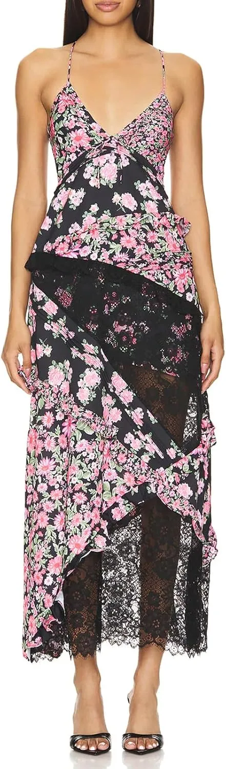 Women Lace Patchwork Mesh Dress Floral Print Sheer Cutout Maxi Dresses V Neck Sexy Bodycon Slip Summer Long Sundress