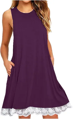 Women Lace Trim Summer Mini Dress, Sexy Sleeveless T Shirt Dresses Crew Neck Solid Beach Dress Cute Sundress with Pocket