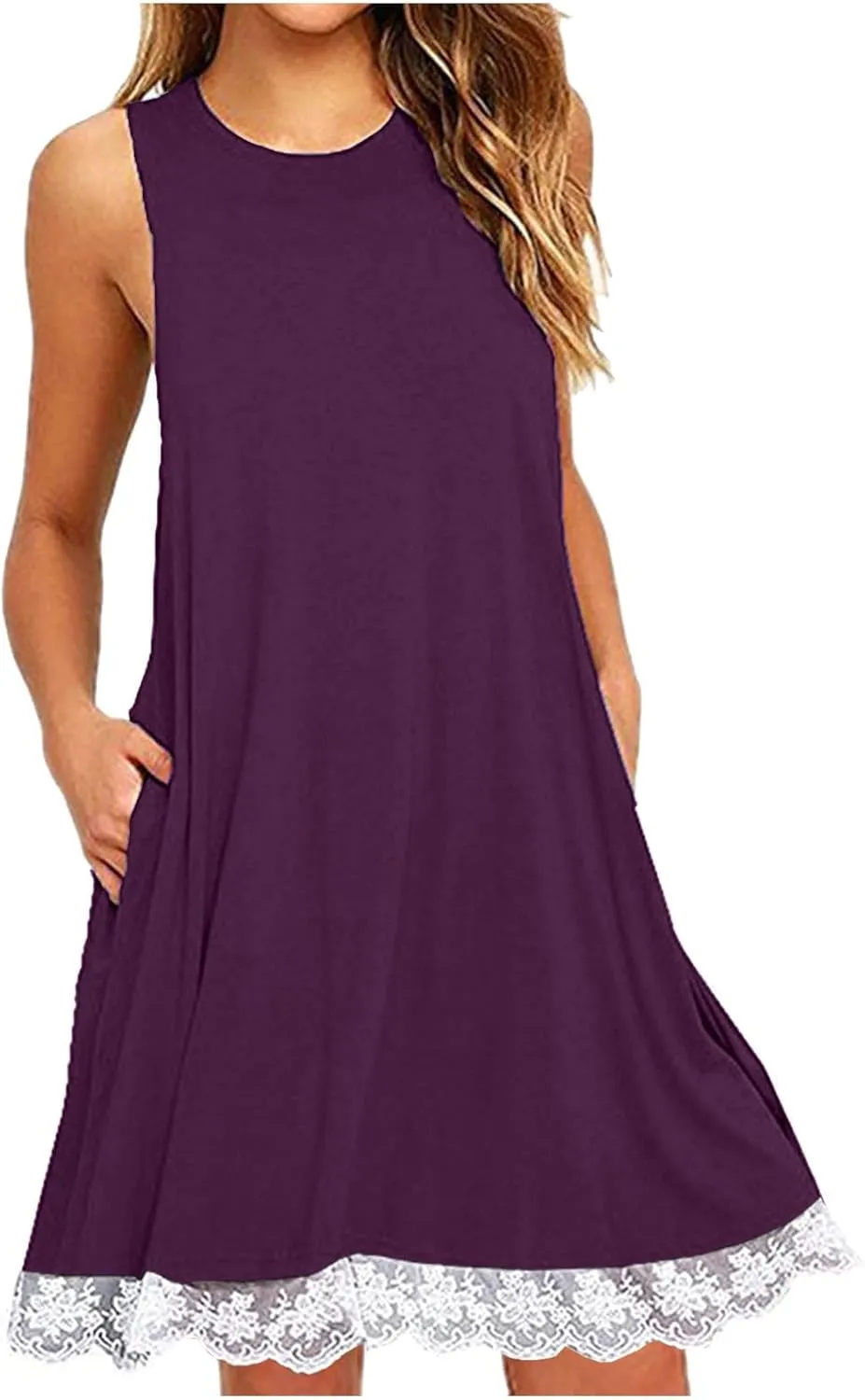 Women Lace Trim Summer Mini Dress, Sexy Sleeveless T Shirt Dresses Crew Neck Solid Beach Dress Cute Sundress with Pocket
