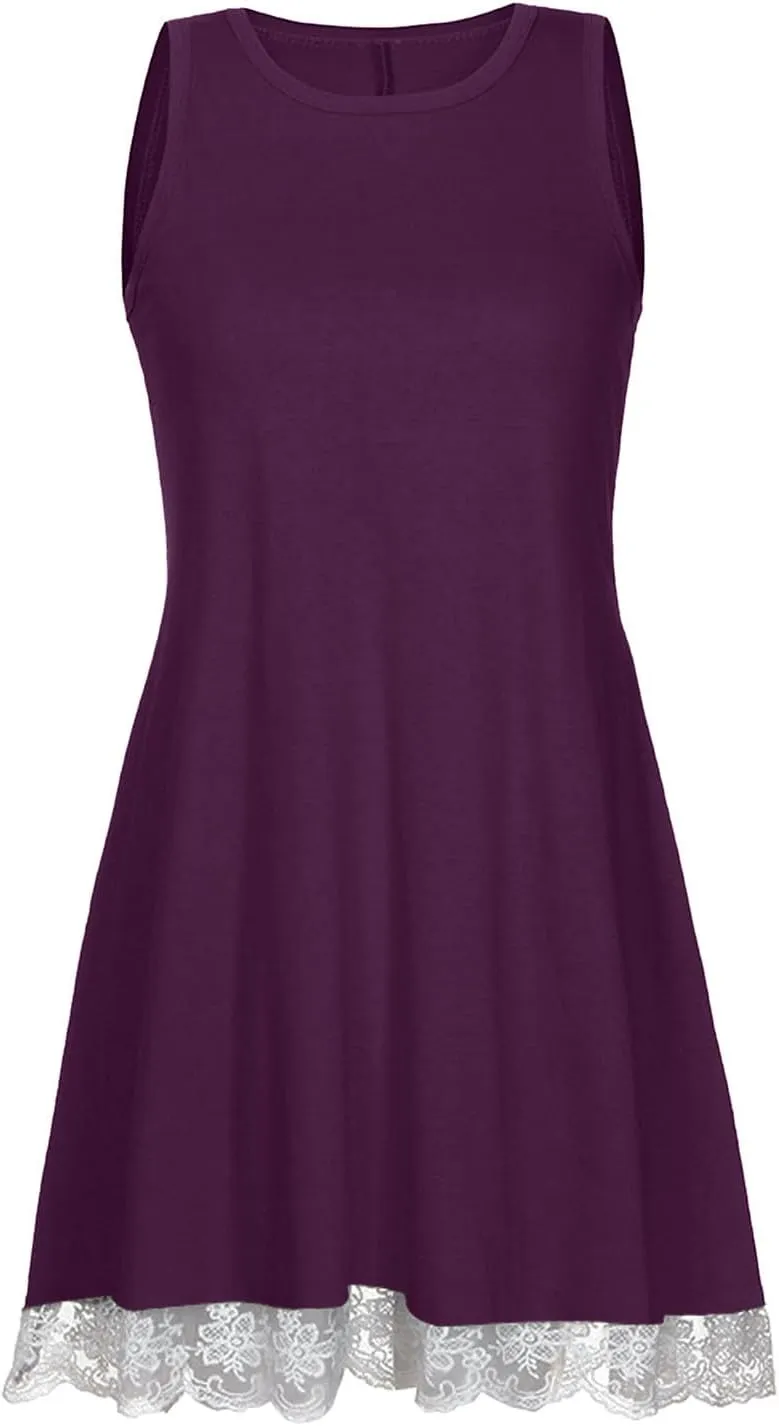 Women Lace Trim Summer Mini Dress, Sexy Sleeveless T Shirt Dresses Crew Neck Solid Beach Dress Cute Sundress with Pocket