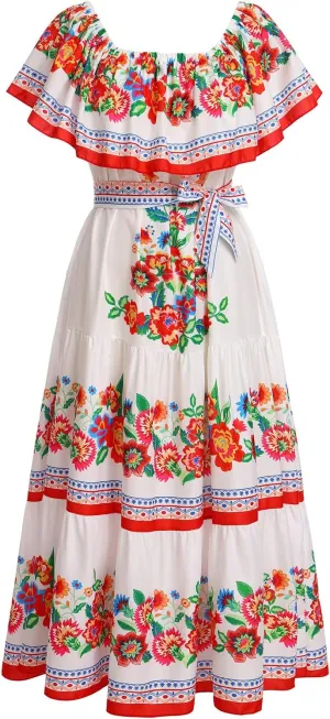 Women Mexican Dress Off Shoulder Floral Long Maxi Dress Summer Beach Party Cinco de Mayo Dresses with Belt