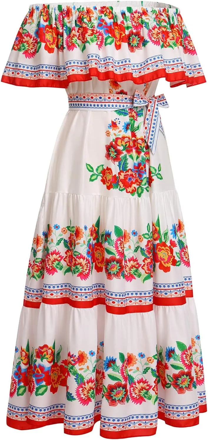 Women Mexican Dress Off Shoulder Floral Long Maxi Dress Summer Beach Party Cinco de Mayo Dresses with Belt