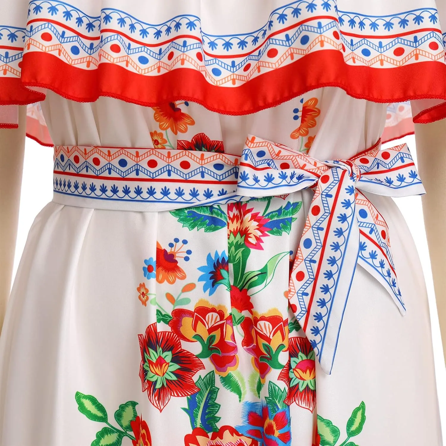 Women Mexican Dress Off Shoulder Floral Long Maxi Dress Summer Beach Party Cinco de Mayo Dresses with Belt