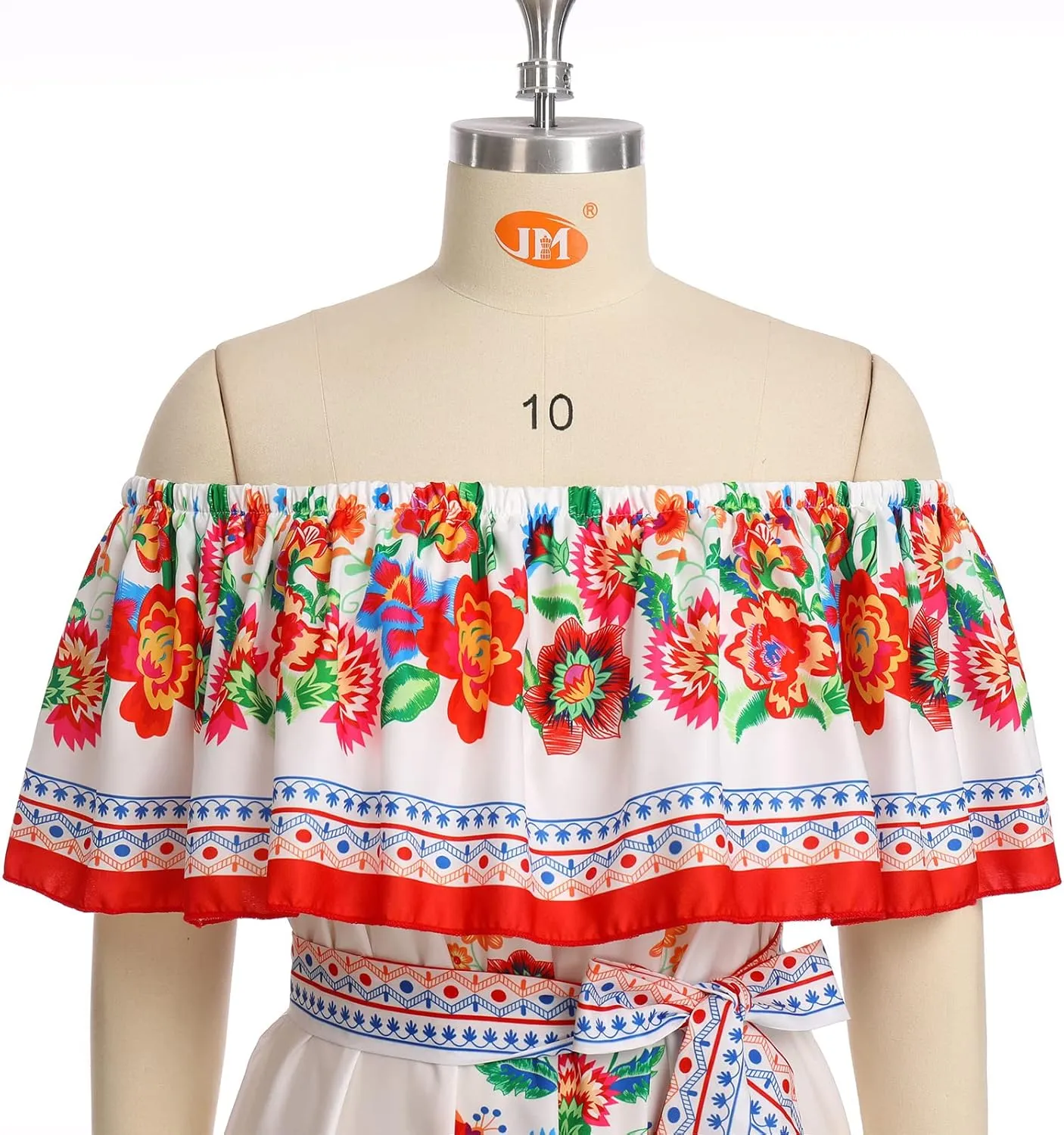 Women Mexican Dress Off Shoulder Floral Long Maxi Dress Summer Beach Party Cinco de Mayo Dresses with Belt