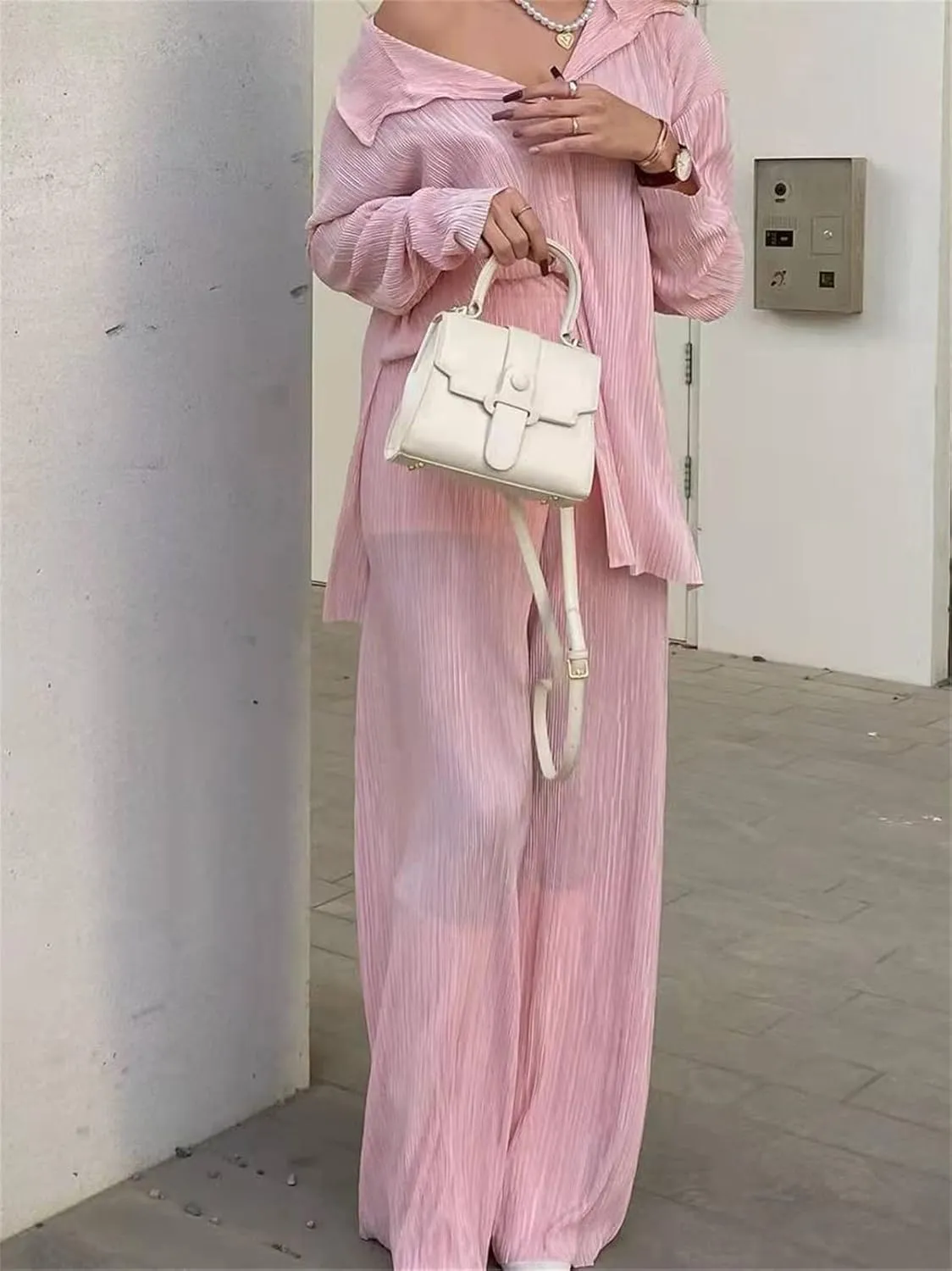 Women Pleated 2 Piece Pants Set Casual Loose Long Sleeve Button Down Shirt High Waist Wide Leg Trousers Loungewear