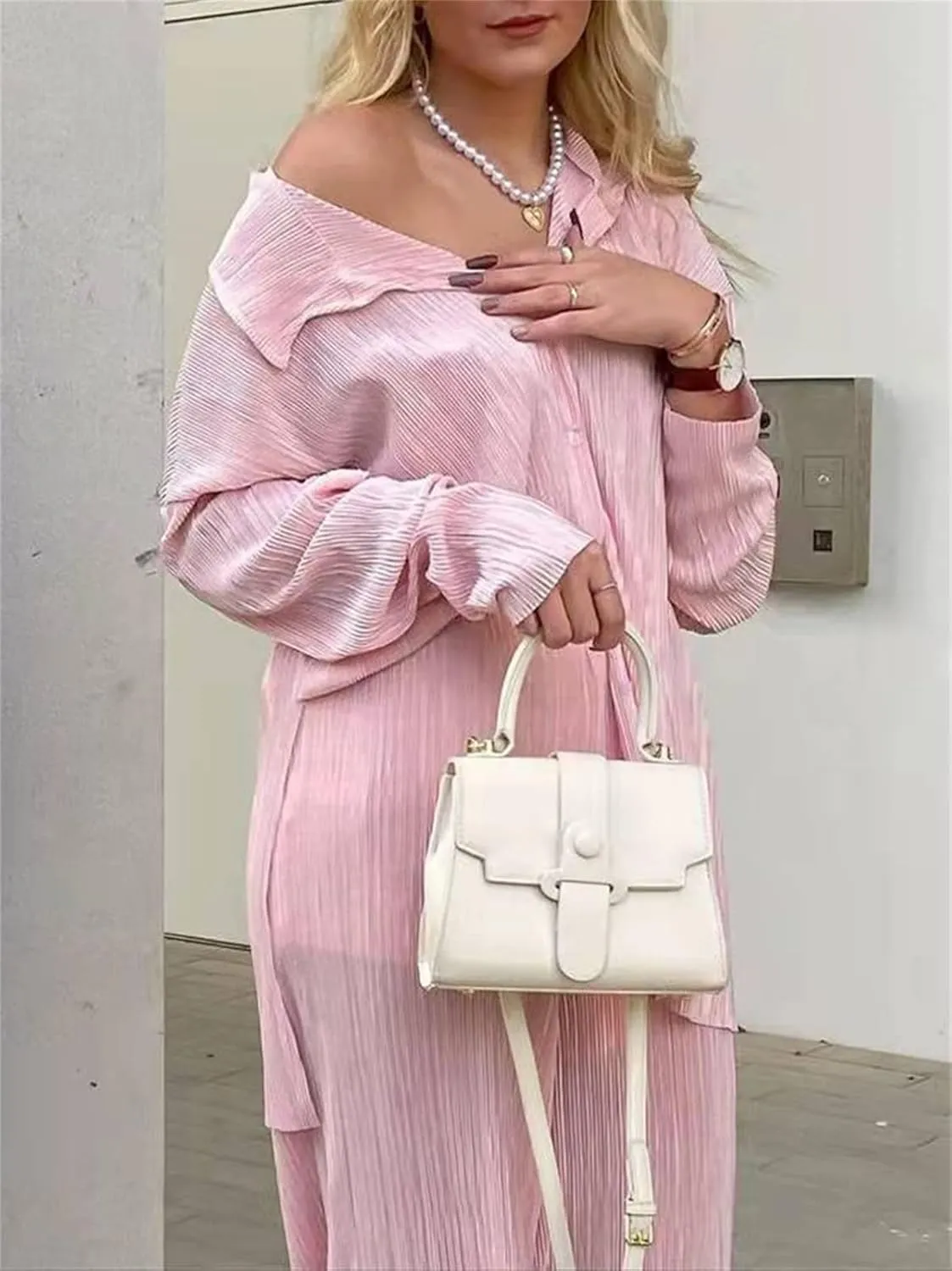 Women Pleated 2 Piece Pants Set Casual Loose Long Sleeve Button Down Shirt High Waist Wide Leg Trousers Loungewear
