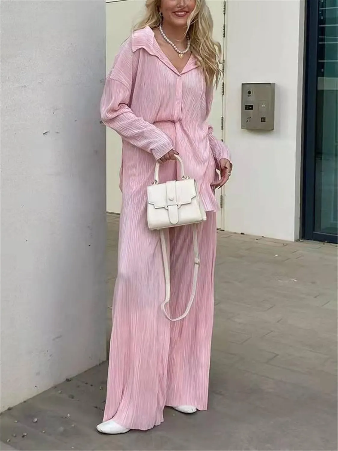 Women Pleated 2 Piece Pants Set Casual Loose Long Sleeve Button Down Shirt High Waist Wide Leg Trousers Loungewear