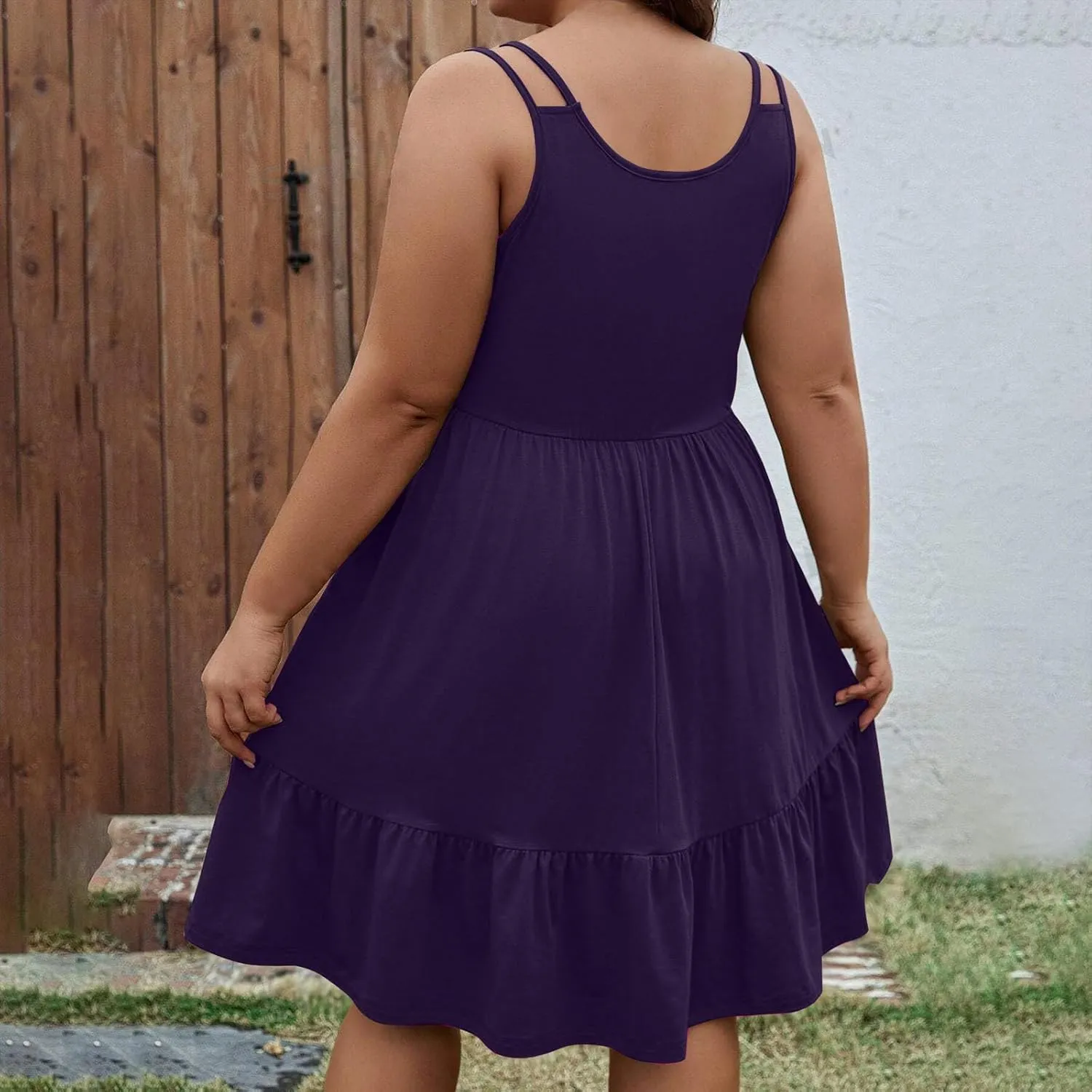 Women Plus Size Ruched High Waist Midi Dress, Summer Sleeveless Strappy Beach Sundress Solid Ruffle Hem Casual Dresses