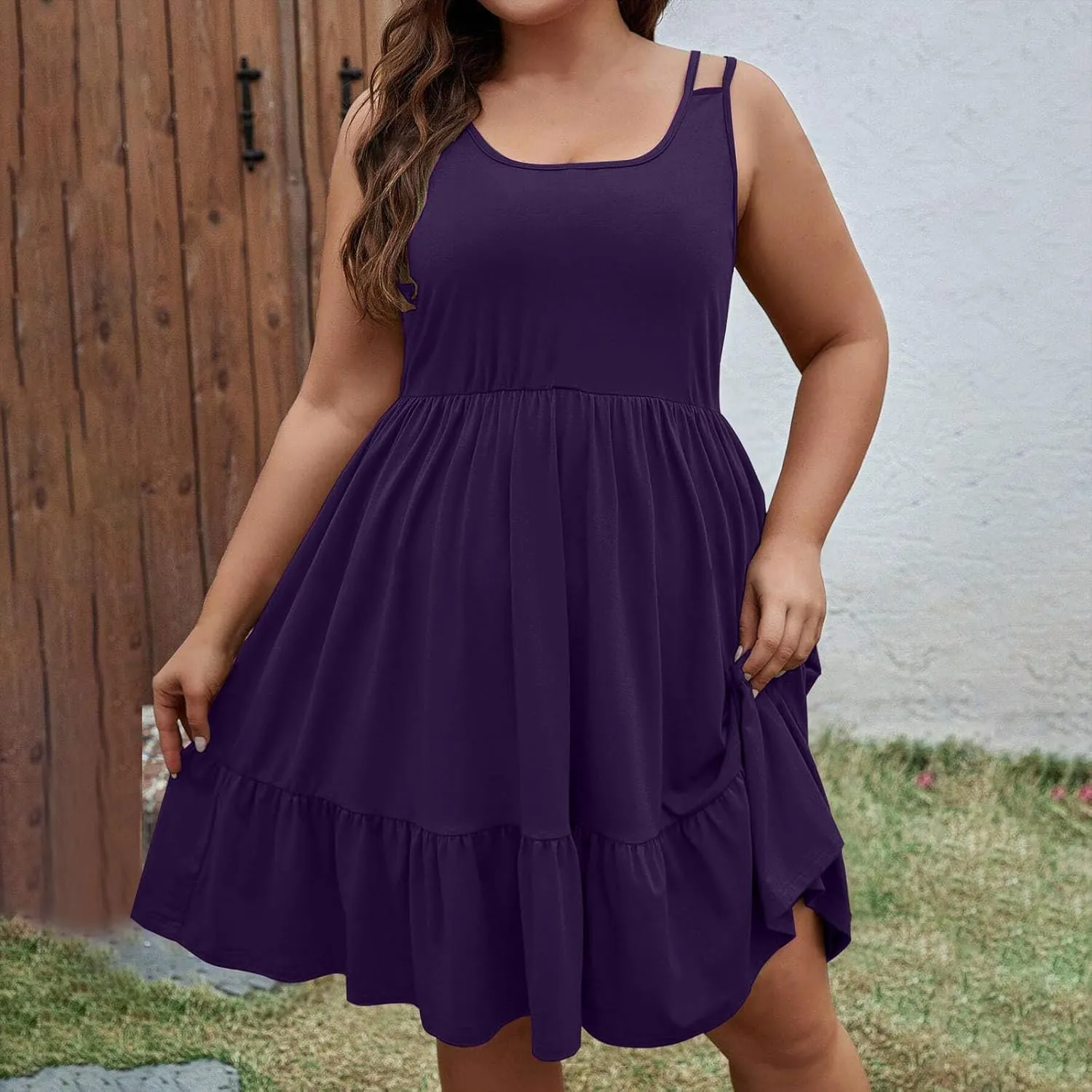 Women Plus Size Ruched High Waist Midi Dress, Summer Sleeveless Strappy Beach Sundress Solid Ruffle Hem Casual Dresses