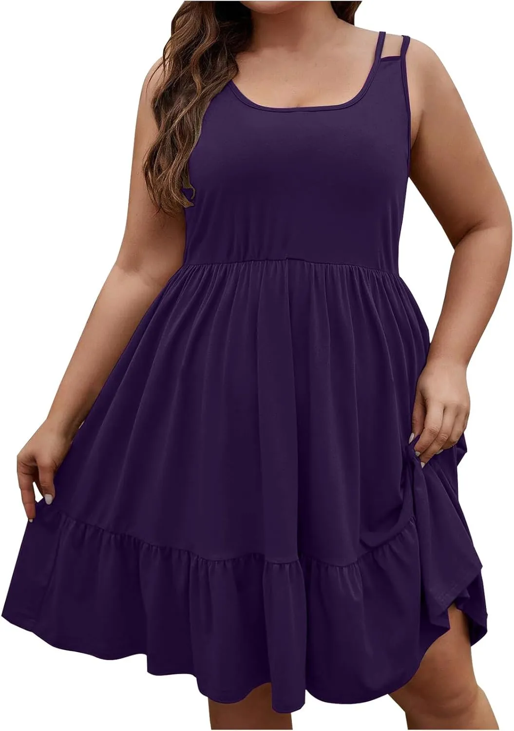 Women Plus Size Ruched High Waist Midi Dress, Summer Sleeveless Strappy Beach Sundress Solid Ruffle Hem Casual Dresses