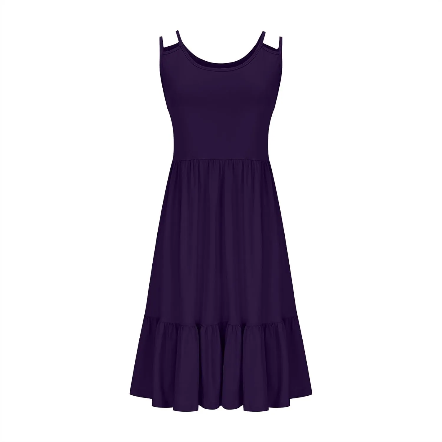 Women Plus Size Ruched High Waist Midi Dress, Summer Sleeveless Strappy Beach Sundress Solid Ruffle Hem Casual Dresses