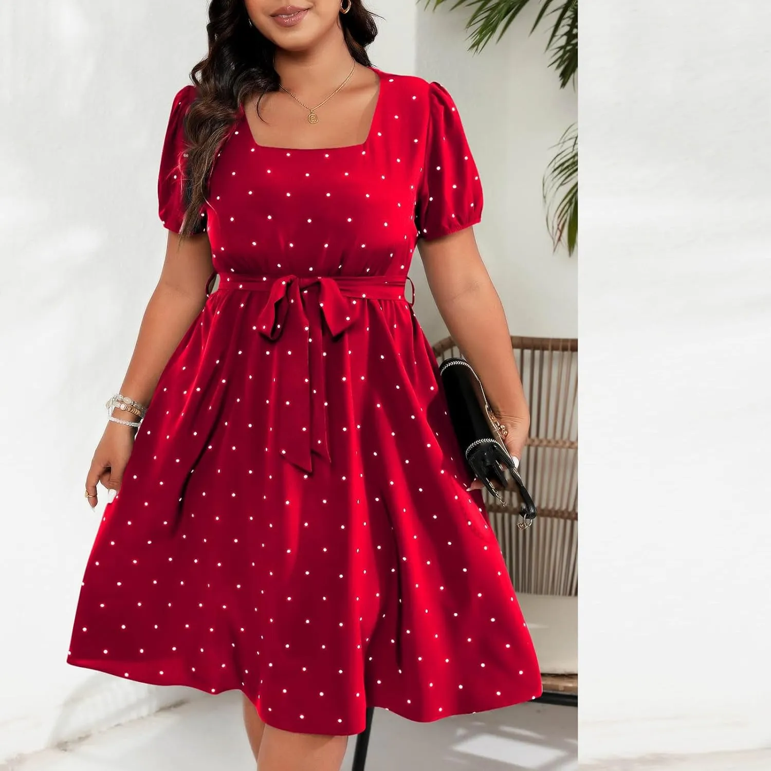 Women Plus Size Wedding Cocktail Midi Dress Summer Polka Dot Puff Sleeve Square Neck Belted A-Line Flowy Dresses