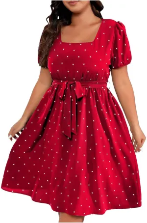 Women Plus Size Wedding Cocktail Midi Dress Summer Polka Dot Puff Sleeve Square Neck Belted A-Line Flowy Dresses
